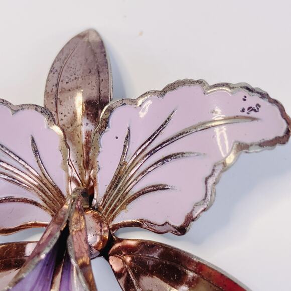 Vintage Large Enamel Tropical Flower Brooch Mid Century Purple Metal Orchid Pin - Picture 5 of 10